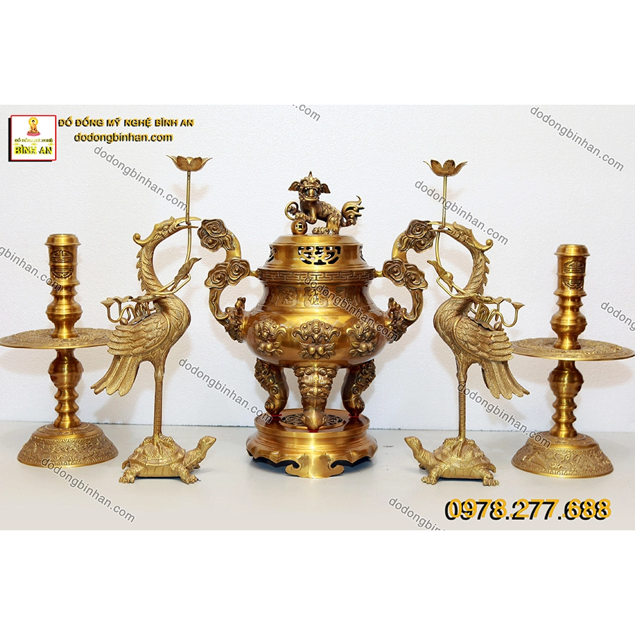 Bộ đỉnh đồng rơi ngậm đào tiên vàng đậm