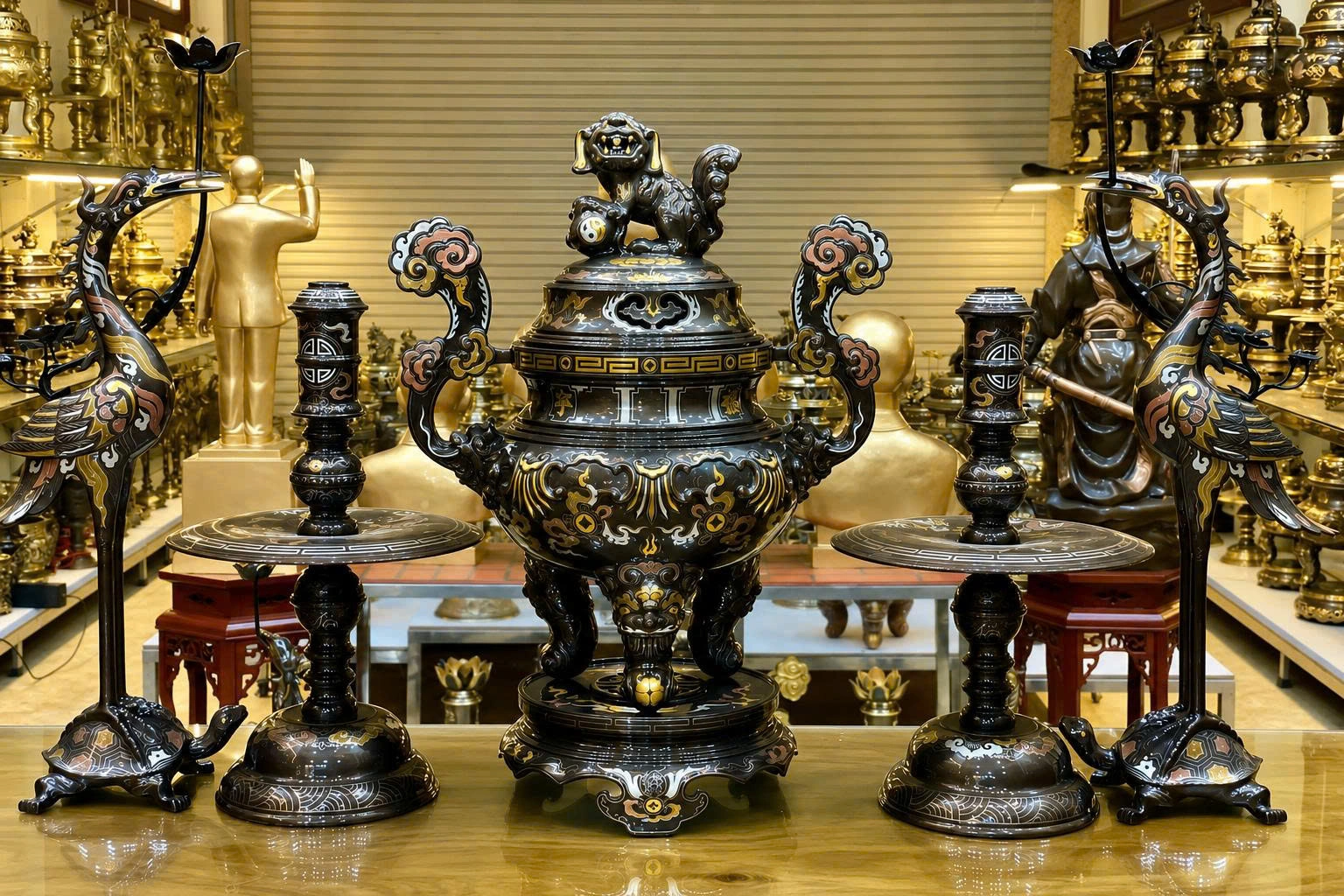 Đỉnh Đồng Khảm Ngũ Sắc Cho Bàn Thờ 1m97