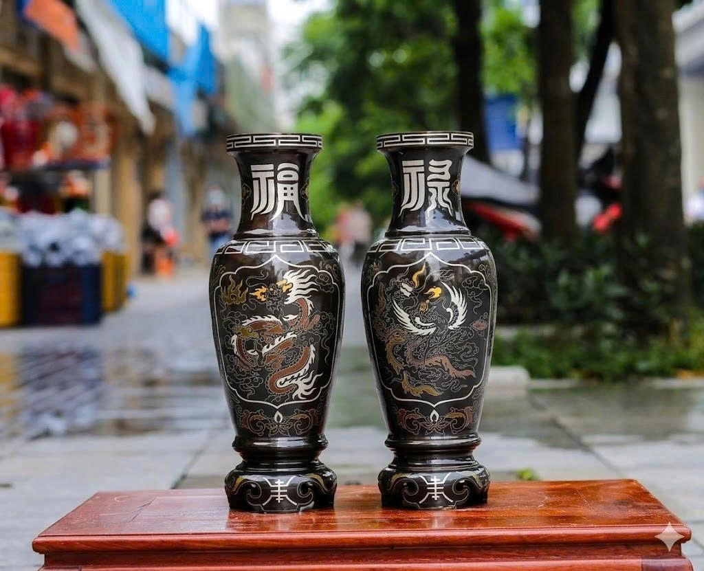 Lộc Bình Bằng Đồng Khảm Ngũ Sắc