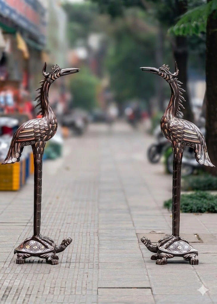 Bộ Hạc Thờ Khảm Ngũ Sắc Bằng Đồng