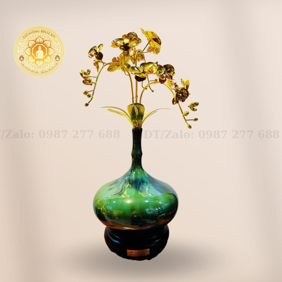 Bình Lan Hút Lộc Cổ Cao 3 Cành Mạ Vàng 24K