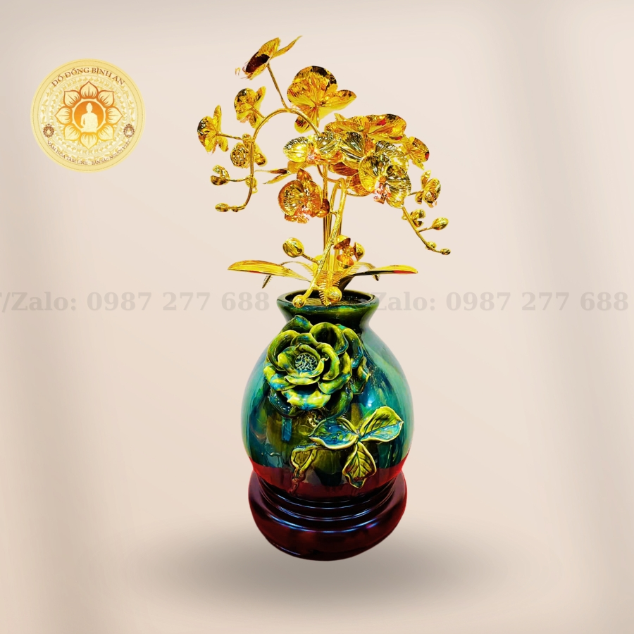Bình Hoa Lan 3 cành Hút Lộc Đắp Nổi Mạ Vàng