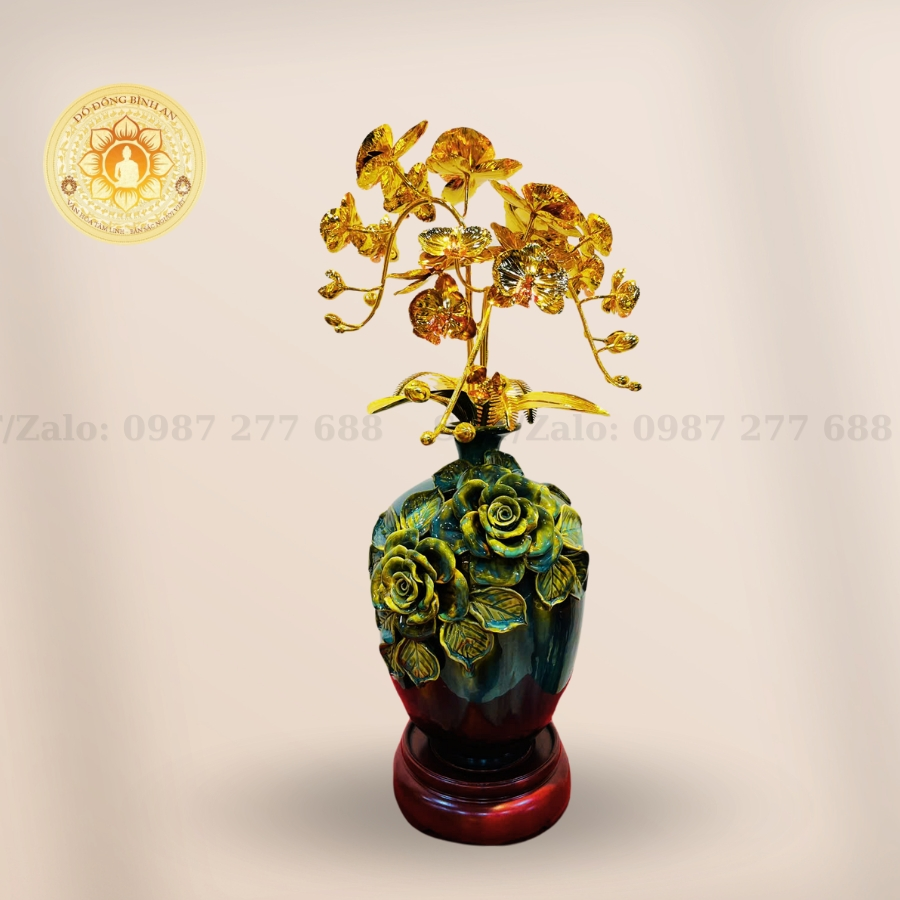 Bình Hoa Lan 3 cành Hút Lộc Đắp Nổi Mạ Vàng