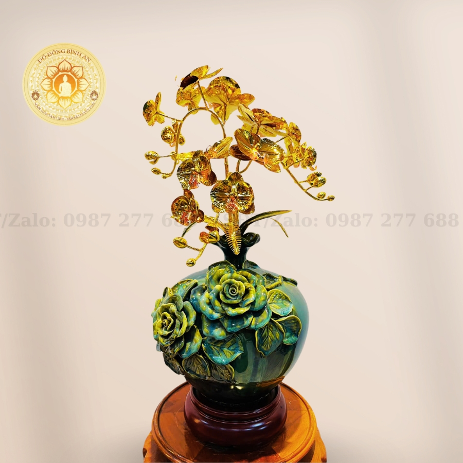 Bình Hoa Lan 3 cành Hút Lộc Đắp Nổi Mạ Vàng